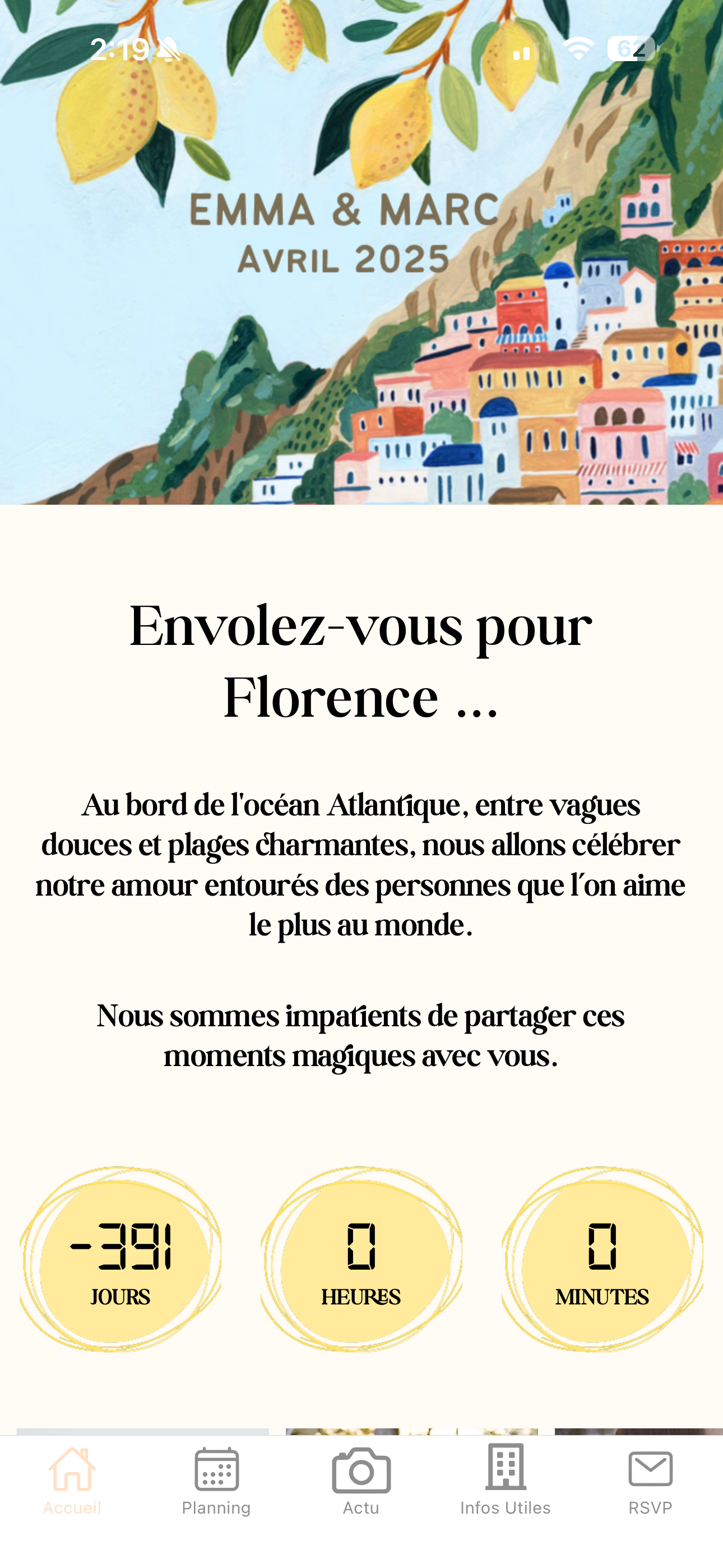 Écran accueil WeddingApp