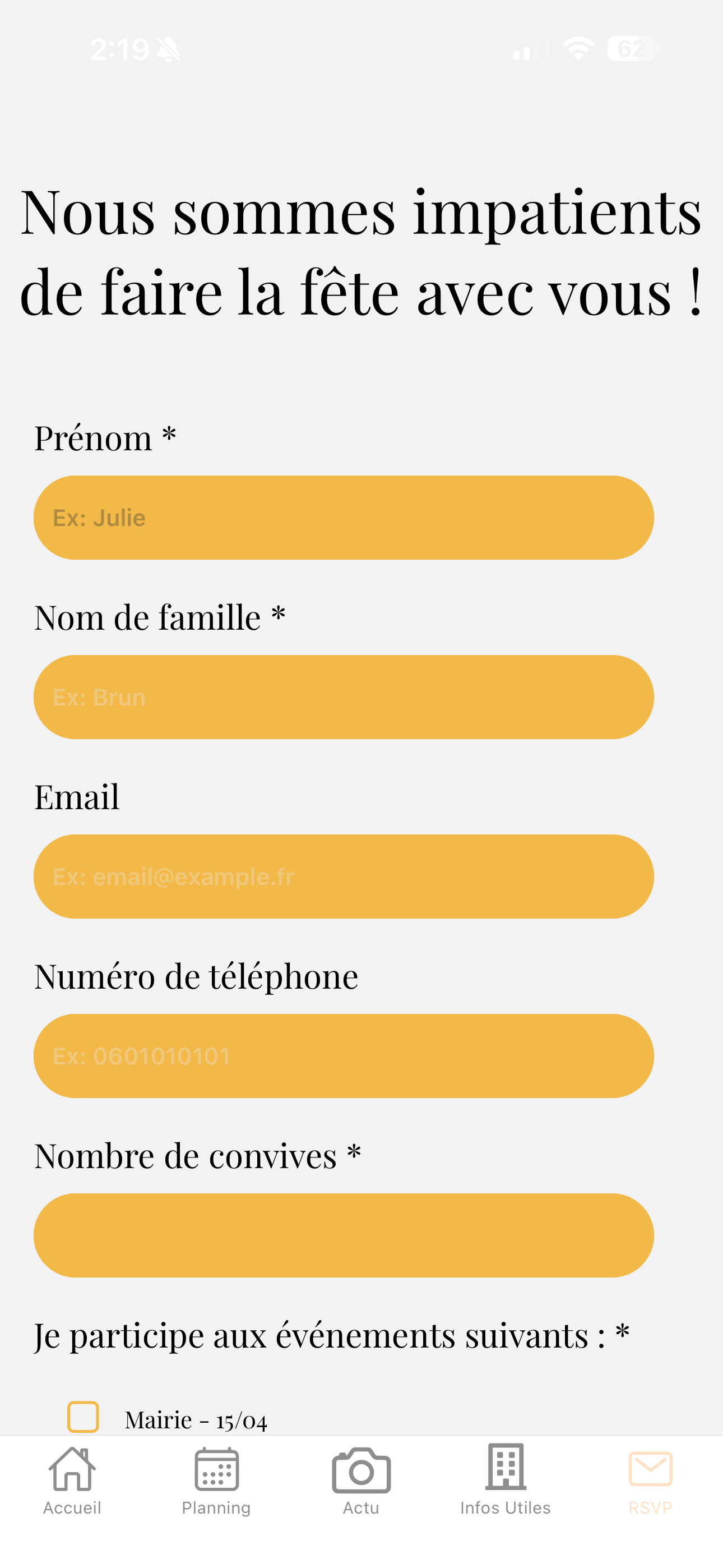 Écran RSVP WeddingApp